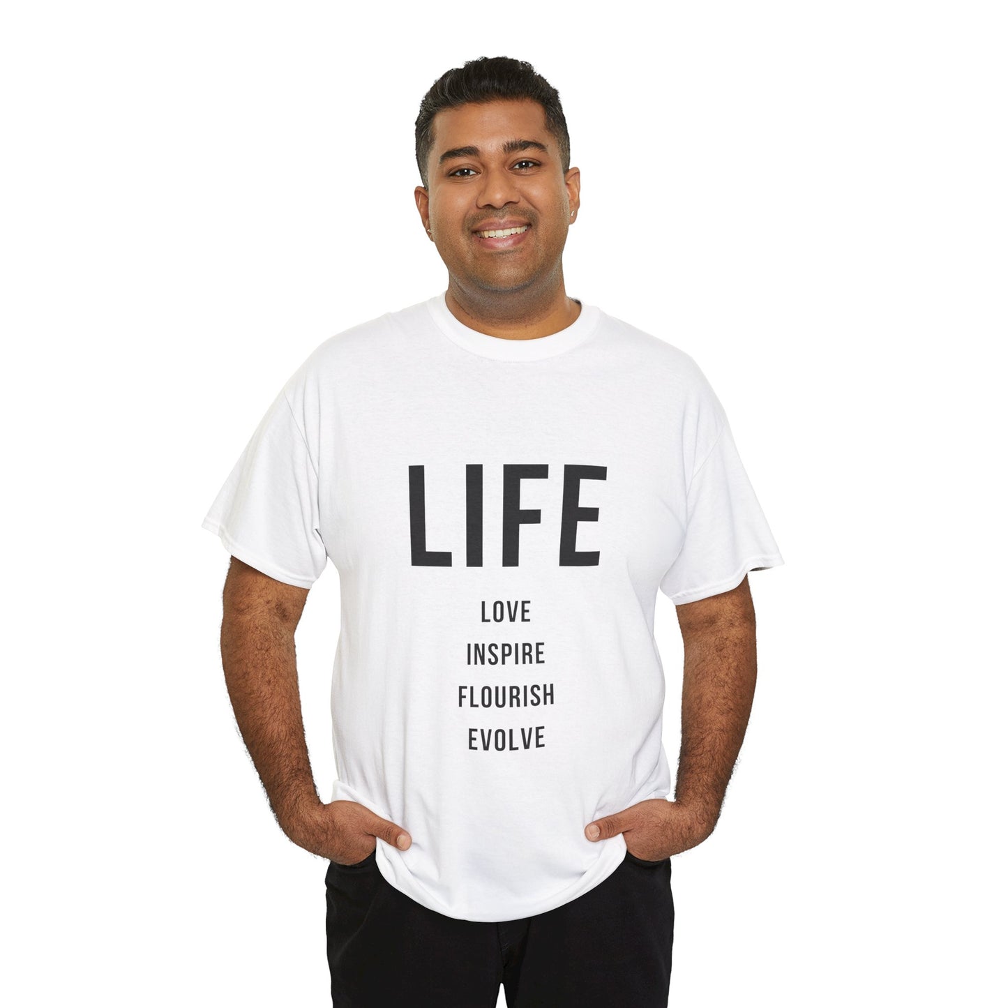 Inspirational Unisex Heavy Cotton Tee - "LIFE: Love, Inspire, Flourish, Evolve"