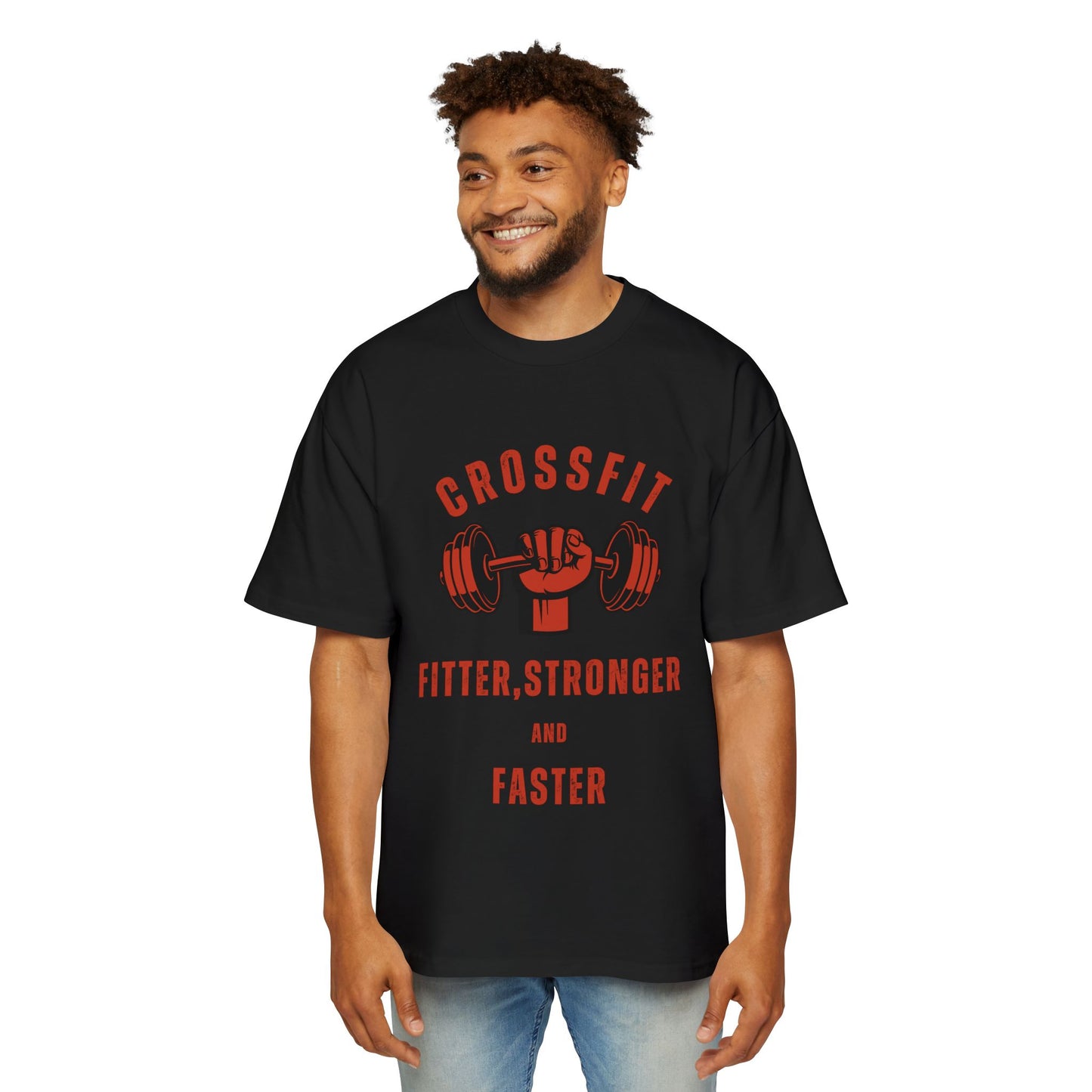 Motivational Men's Heavy Oversized Tee - CrossFit Fitter, Stronger, Faster