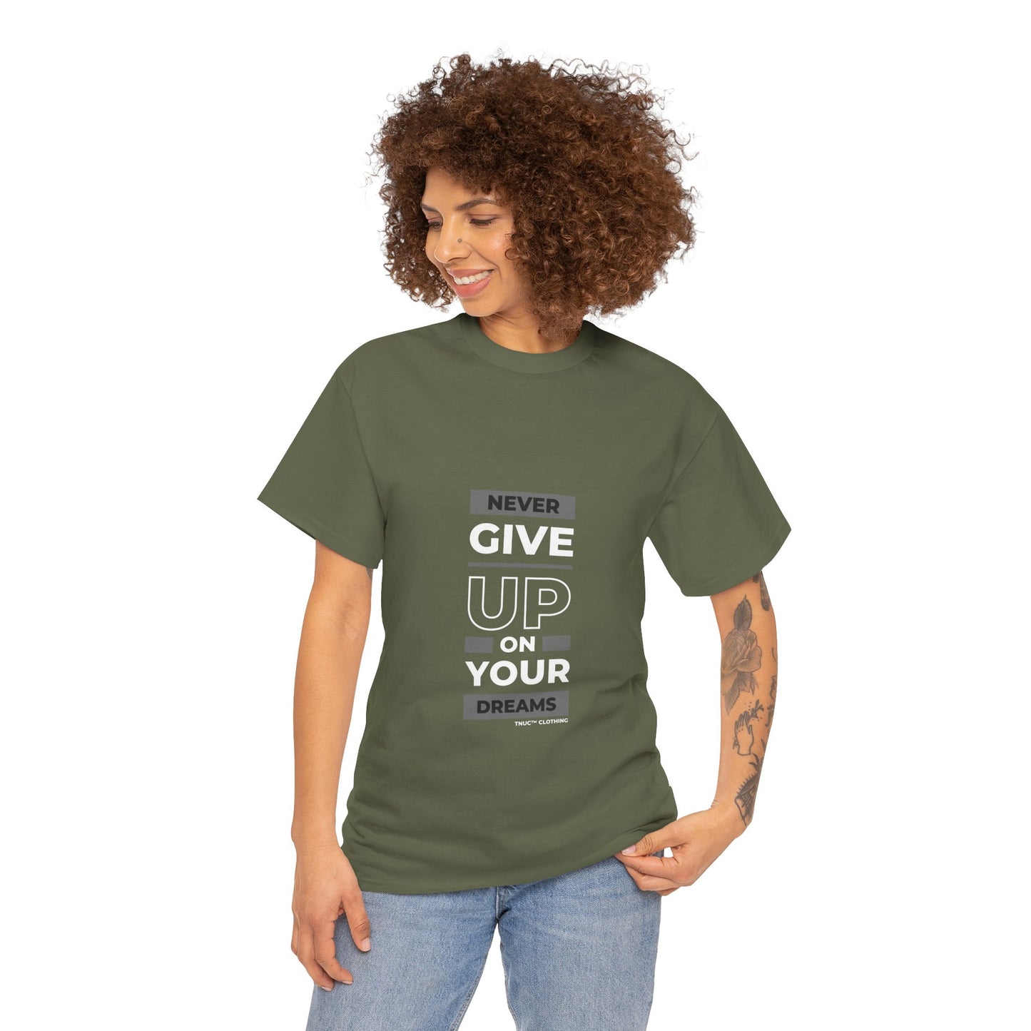 Tnuc™ Clothing Inspirational Unisex Heavy Cotton Tee - "Never Give Up on Your Dreams"