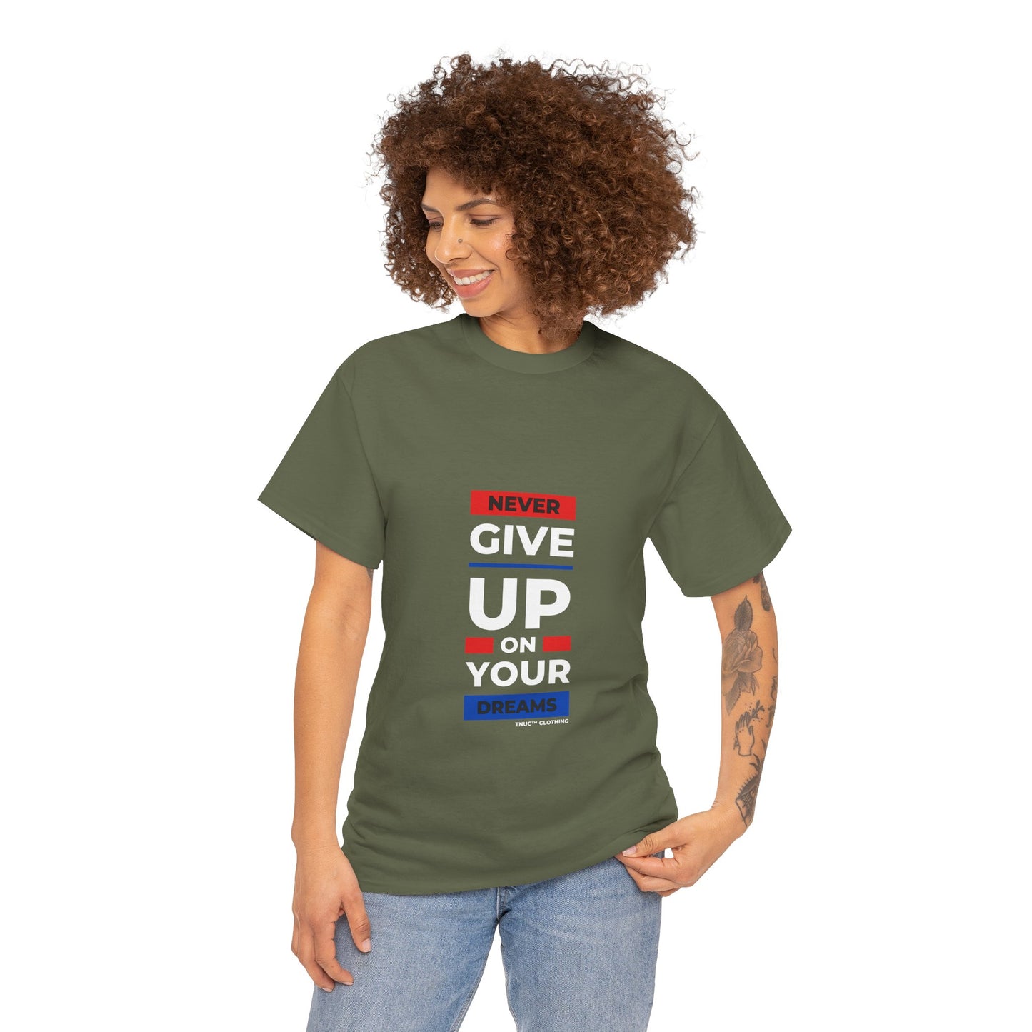 Tnuc™ Clothing Inspirational Unisex Heavy Cotton Tee - "Never Give Up on Your Dreams"
