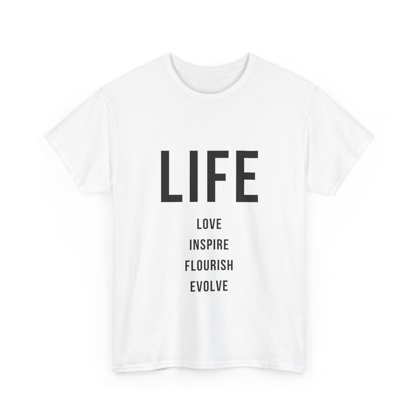 Inspirational Unisex Heavy Cotton Tee - "LIFE: Love, Inspire, Flourish, Evolve"