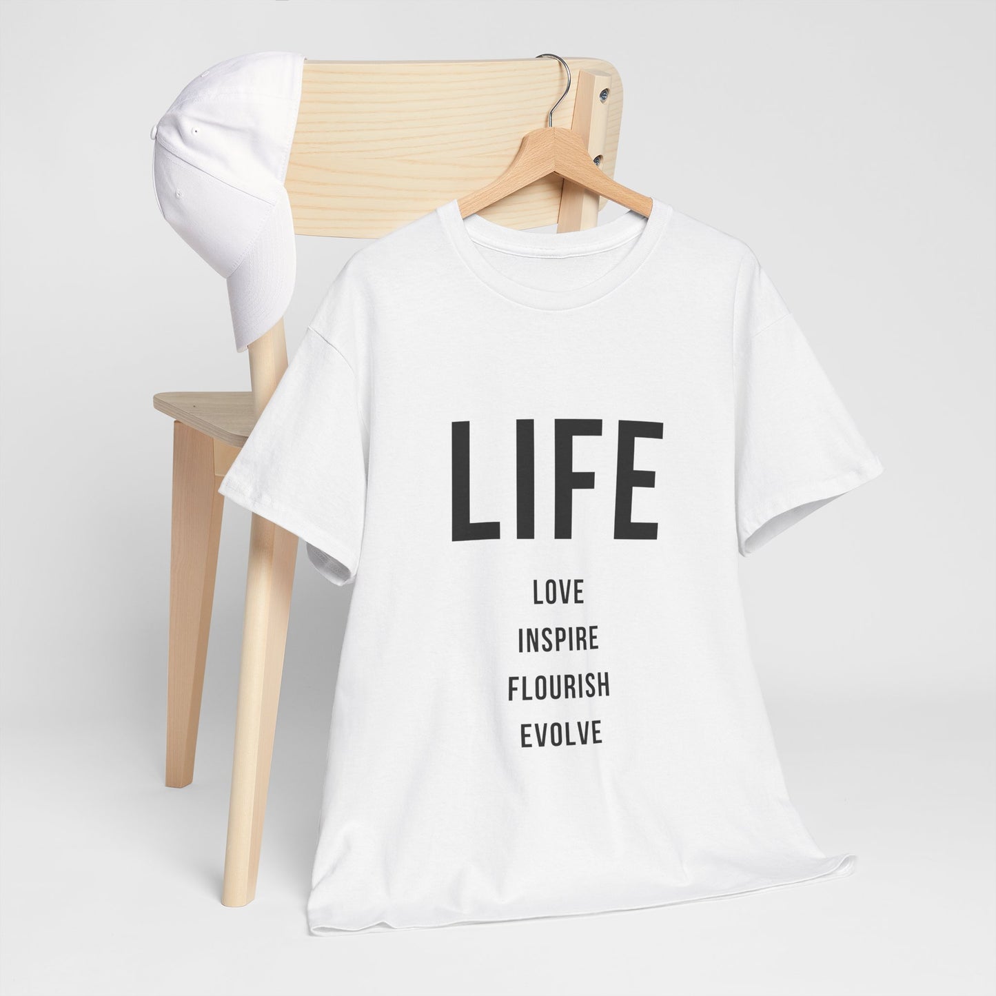 Inspirational Unisex Heavy Cotton Tee - "LIFE: Love, Inspire, Flourish, Evolve"
